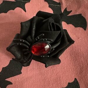 Elegant Black Rose Hair Clip with Red Gem